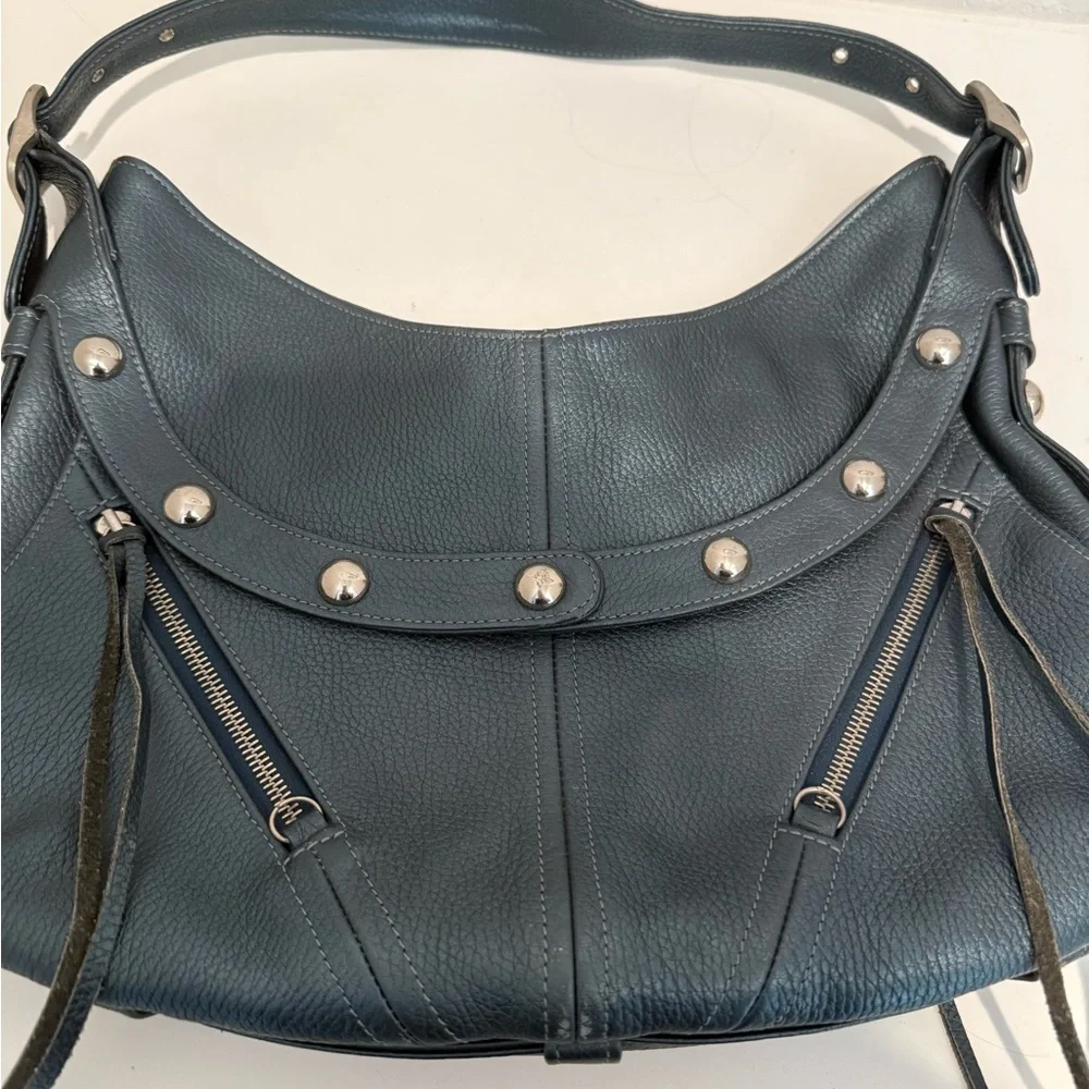 Botkier TRIGGER Mermaid Blue Moto Leather Hobo Shoulder Bag Studded Fringe